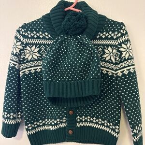 Tahari Green Button Down Winter Sweater with Matching Hat NWOT 12M
